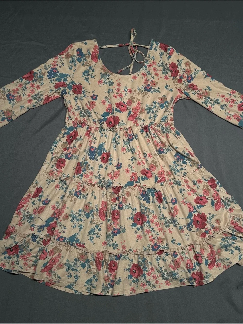 ❌SOLD❌Justice Girls Floral Tiered Faux Suede Long Sleeve Dress